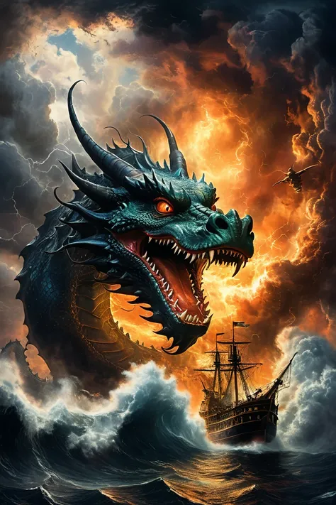 An image of a huge, menacing dragon peeking out from behind a large cloud, with its head hovering over two old-fashioned ships. The dragon has burning eyes and a wide-open mouth, exposing sharp teeth. The ships belong to a bygone era and are under the yoke...