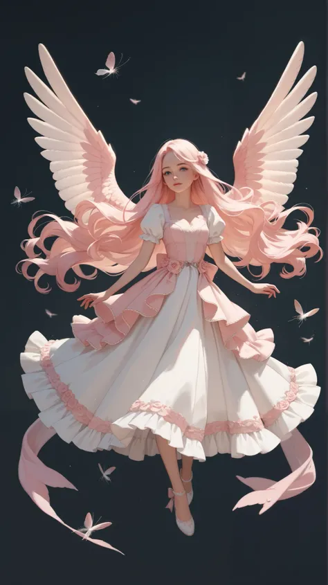 a girl in a beautiful vintage dress and full-length pink flowing wavy long hair flies wings. shoes