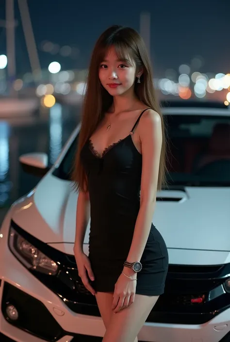 High quality, realistic sexy slim Japanese girl, 18 years old, in black short dress, long legs, long brown hair, brown eyes, smiling. Posing next to a white Honda 2020 Civic Type R. Night time. Harbour view in the background. Depth of field.