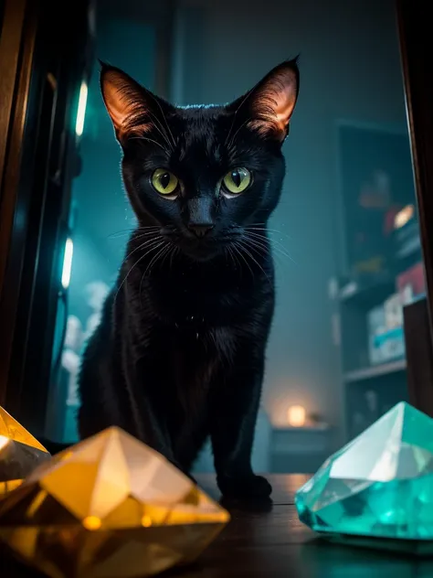 A close-up of a black cat in a parallel universe, hyper detailed, cinematic, dramatic lighting, intricate sci-fi environment, neon lights, floating islands, alien architecture, glowing crystals, volumetric fog, futuristic, highly detailed, photorealistic, ...