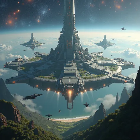 huge space station with big city and garden view far from outside space, beautiful stars aura, many fighter space ships lining up above in the sky, many many huge huge black battleships in space full armor with huge many cannons parking on the ground view ...