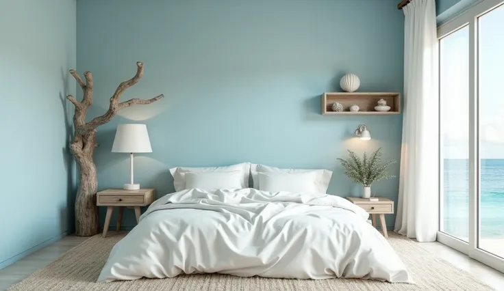  "Create a beach-themed bedroom with light blue walls, a white bed, and driftwood decor."
