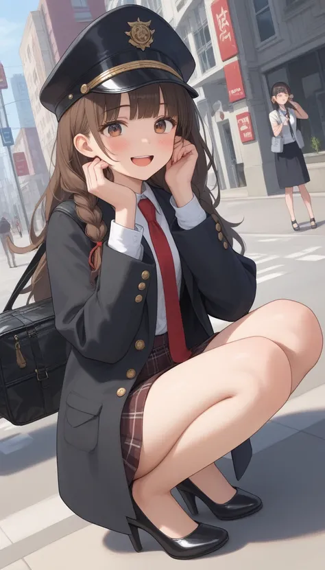 { top quality], [Very beautiful], [Ultra fine], [ best illustration], source_ anime,Crouching woman, Brown Hair,hime cut, long hair,Braids,Excited face,Cutesy,Street Photography,In the city,From an angle, holding a black lady's bag,Uniform cap, tie, black ...