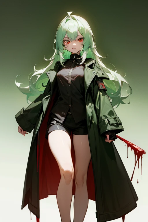 (( smartphones)), (( Masterpiece)), ( Details), Green and white background, 20 year old woman , Sexy body, Standing still ,  evil face ,  emerald green long hair , Blood red eyes,  wearing a black short shirt , Top with a mint green coat,  along the body s...