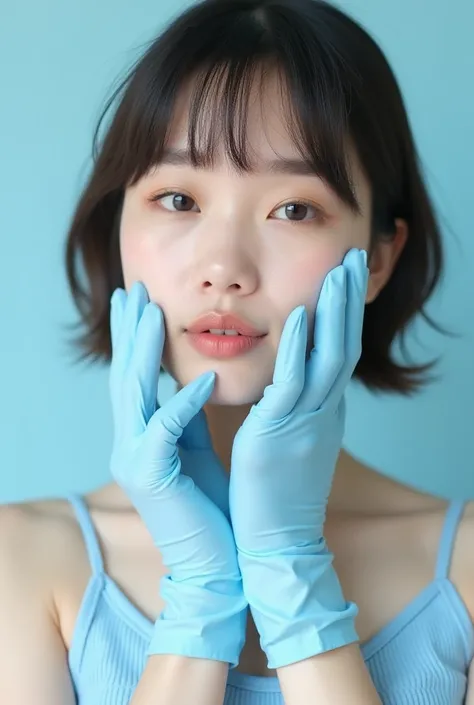  boyish Japanese woman 、Squirrel face、Korean Face、 wear pale blue rubber gloves on their hands、gloves that cover up to the wrist、 BOB CUT、An adult-looking 20 year old 、 lotion for both hands、long, slender fingers、short nails

High resolution , 4K,