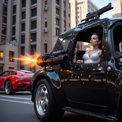 (best quality,4k,8k,highres,masterpiece:1.2), ultra-detailed.  <Lora:hk-m223c The image shows a glossy black hover car with a hk- m223a barrel being held out the window with orange explosive fire coming out of it and a red car across from it being riddled ...