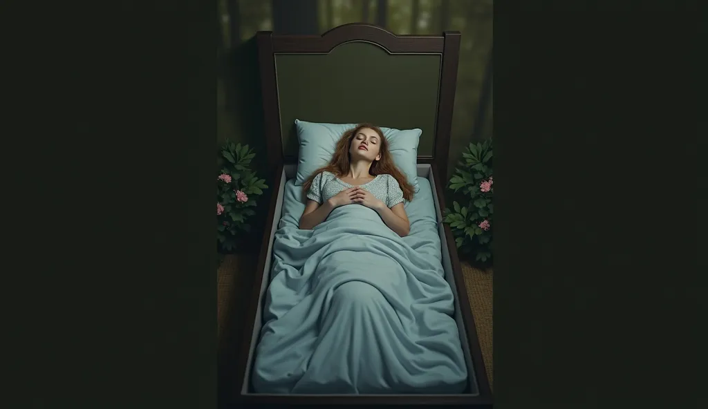  lying on a rectangular bedpan that looks like a funeral coffin, holding a pillow on your head, and covering your chest with a duvet that is not too thin
A very beautiful, mature woman who closed her eyes and slept like she died.
The background is a forest...