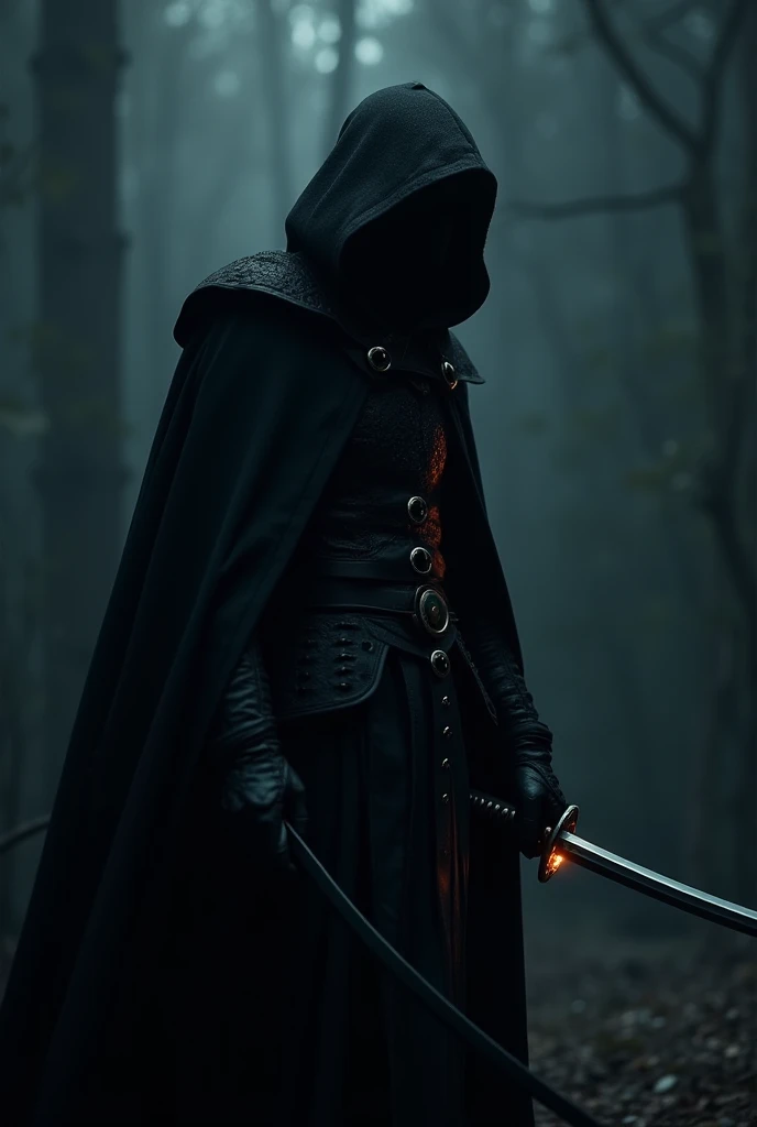 A mysterious warrior in a black cloak : . The person in the image is a mysterious warrior or knight. Wearing a black hooded cloak and strong-looking leather armor, it gives the impression of a murderous or lurid shadow. Lying in the Dark
Katana sword in th...