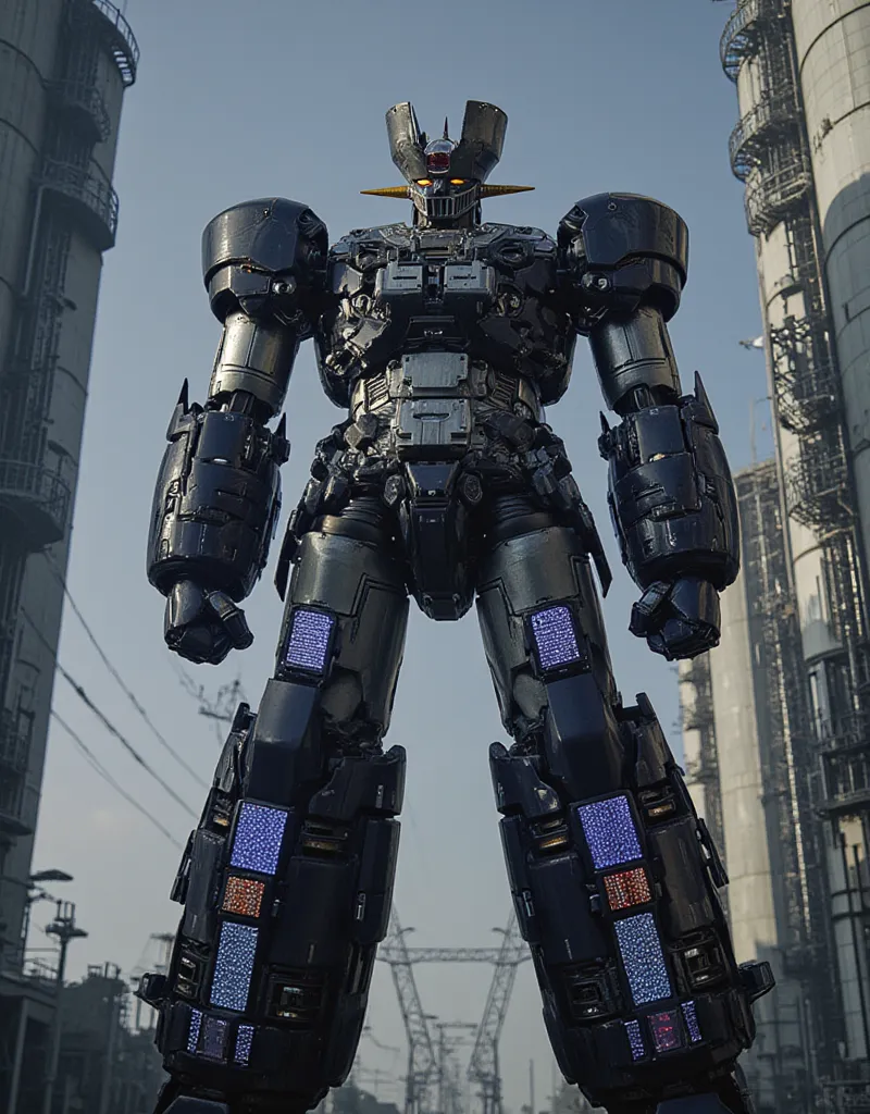  very realistic version of the modified Mazinger Z ,  Standing 100 meters high in a forward leaning position.   Constructed with modern materials such as steel  ,   Carbon Fiber  ,   Other industrial elements are also visible  ,  Just like the real thing  ...