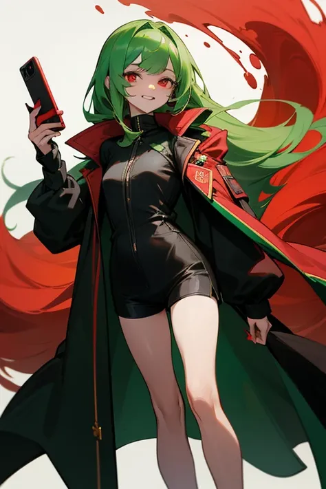 (( smartphones)), (( Masterpiece)), ( Details), Green and white background, 20 year old woman , Sexy body, Standing still , , face adorned with a smile, Long hair, emerald green , Blood red eyes,  wearing a black short shirt ,  covered with a green coat of...