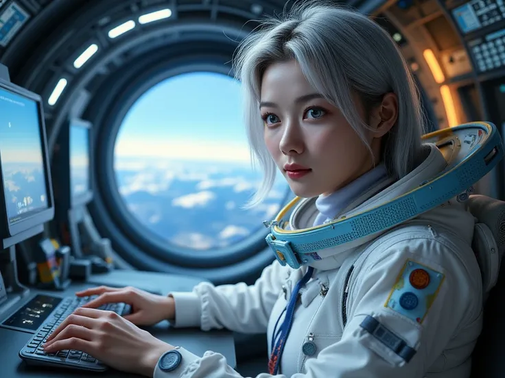 a masterpiece ,Space and astronauts, Messy silver hair, blue eyes , a female astronaut working Inside the spacecraft, futuristic high tech space station, behind her are huge window show planet earth , full of futuristic technology