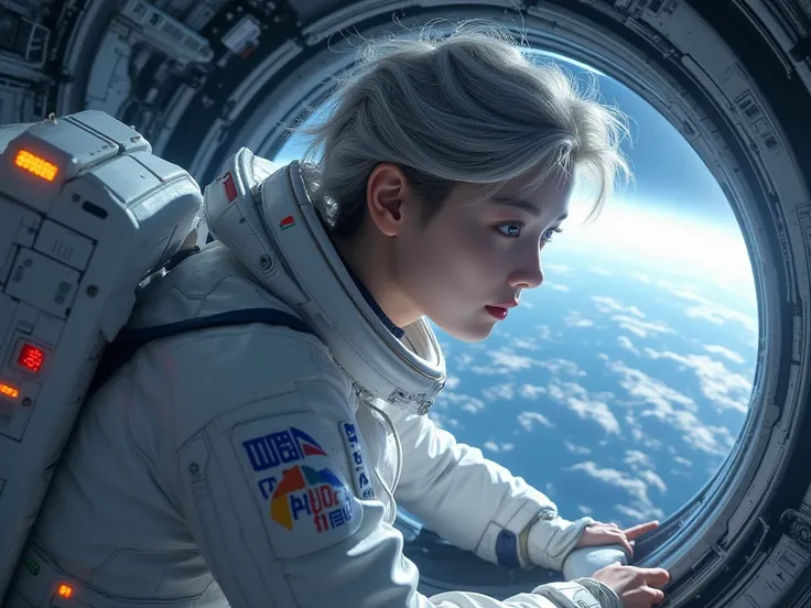 a masterpiece ,Space and astronauts, Messy silver hair, blue eyes , a female astronaut working Inside the spacecraft, futuristic high tech space station, behind her are huge window show planet earth , full of futuristic technology