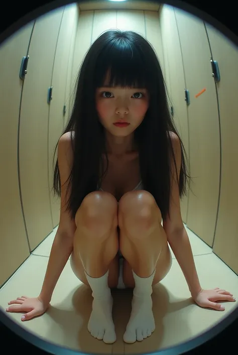 1girl, solo, fisheye, squatting, [cleft of venus]+, from below, pale skin, shiny skin, long hair, black hair, blunt bangs, embarrassed, socks, white socks, fitting room, backlighting, 