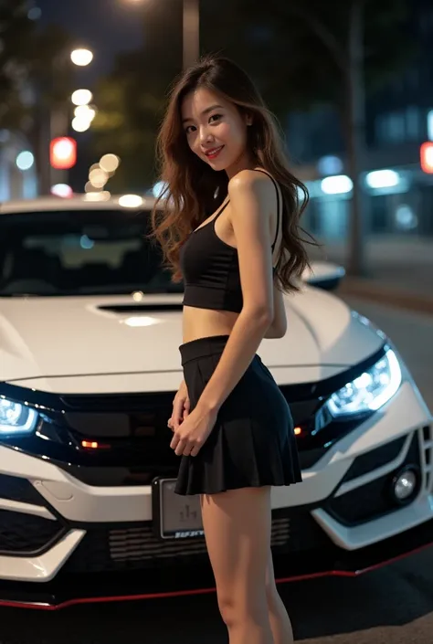 High quality, realistic sexy slim Japanese girl, 20 years old, wearing black skirt, long legs, slim thighs, skinny, long brown hair, brown eyes, smiling. Posing next to a white Honda 2020 Civic Type R. Night time. Street lights. Depth of field.