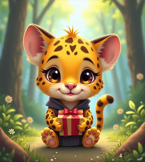 Imagine a lifelike little leopard with humorous exaggerated features, oversized, wearing cute clothes, bright eyes and curiosity, smiling, positive image, smiling leopard, Disney style, capturing natural textures, and although its little claws are slightly...