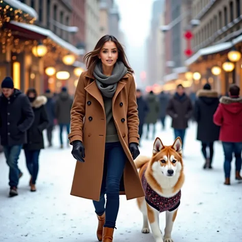  a stylish and confident individual, is walking through a bustling city center during winter. The streets are covered in a light blanket of snow, and the air is crisp. The city is alive with festive decorations, twinkling lights, and people bundled up in w...