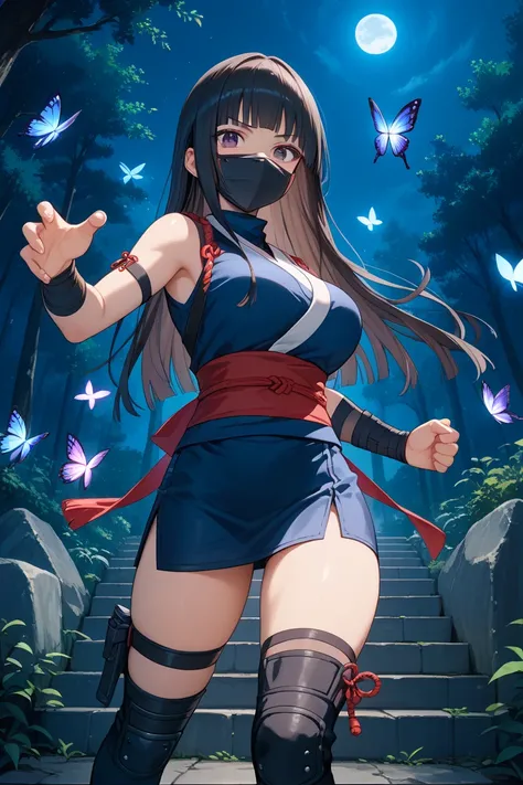 (anime:1.2), 
illustration, beautiful woman, beauty face, (make-up), black face mask, 
brown long hair, hime_cut, (ninja clothes:1.2), arm cover, tight mini skirt, 
belt, thigh high boots, clothed big breasts, slender, 
standing, battle stance, (thigh up),...