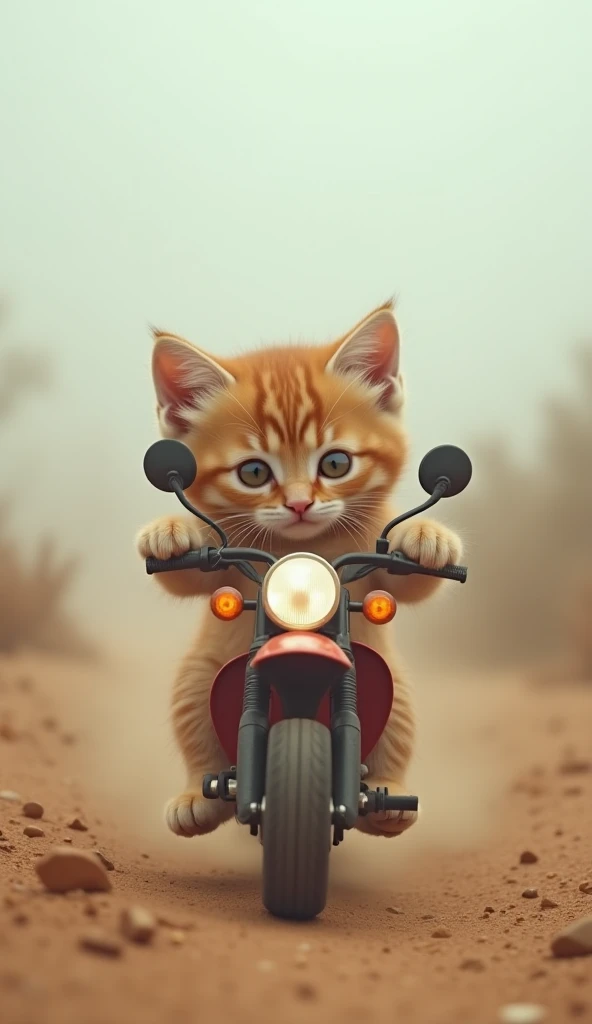  A little kitten is riding a mini bike in the desert with her little friend, It's a foggy land 、 A cute kitten that looks like a furry thigh ,  that looks like a couple traveling on a dirty desert road ,  fog settles around it ,  super real