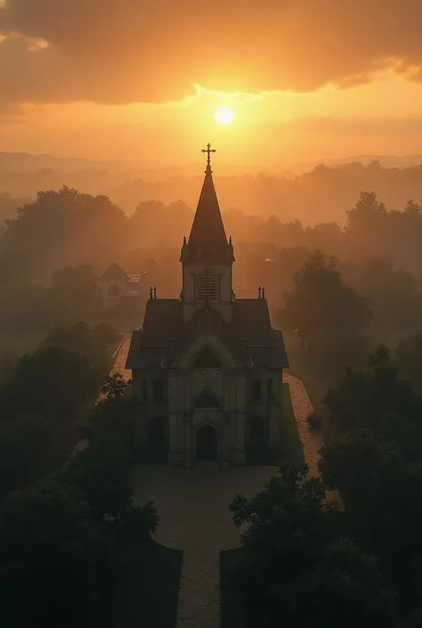 please make a poster background with historical theme, add things that are 19th century Philippines theme like in noli me tangere, add church and houses , in 3rd person perspective(drone pov, very very far above in the sky), make it look historical, ominou...