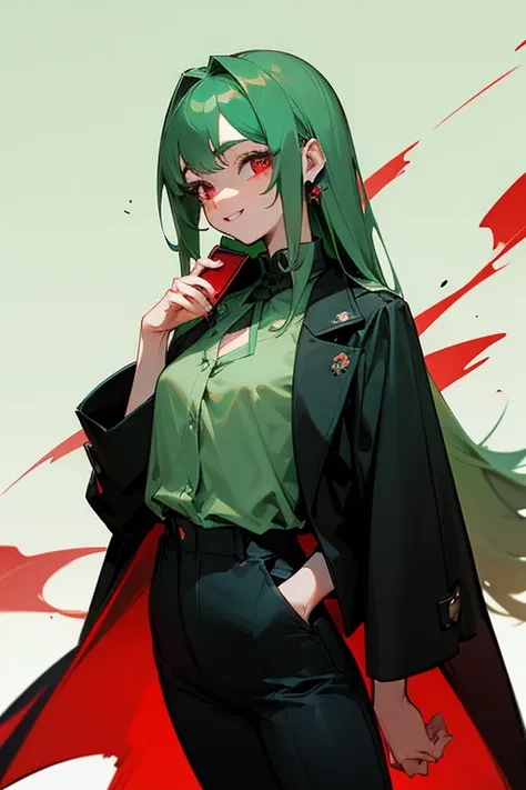 (( smartphones)), (( Masterpiece)), ( Details), Green and white background, 20 year old woman , Sexy body, Standing still , , face adorned with a smile, Long hair, emerald green , Blood red eyes,  wearing a black short shirt , Top with a mint green coat,  ...