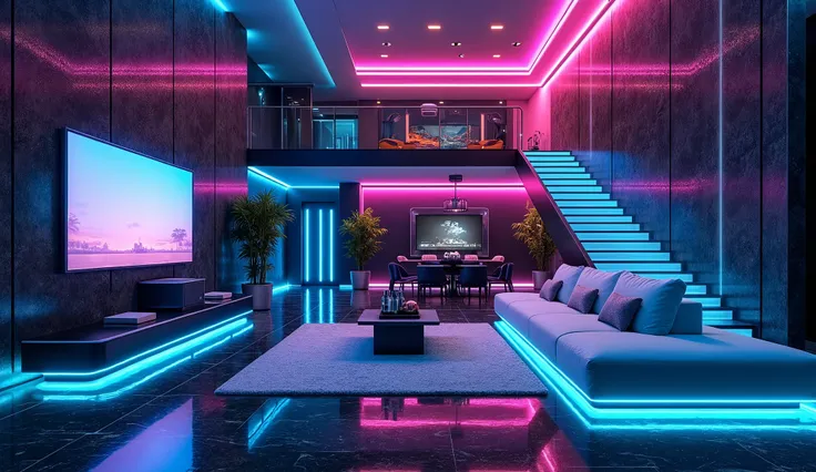 A modern neon-lit indoor house with a sleek, futuristic design. The walls feature glowing LED accents in blue, pink, and purple, complementing the reflective black marble flooring. A spacious lounge area includes a minimalist glass coffee table, a plush so...