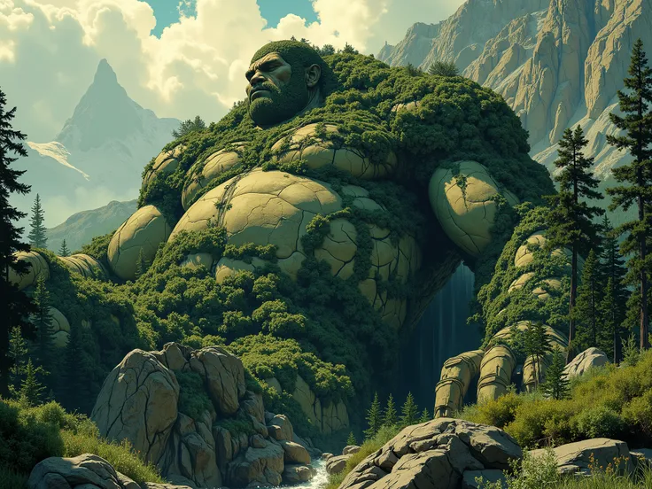 A super giant is lying on his back, his stomach forested.A man as huge as a mountain、mountains、comic book cover 、very wide shot、high-angle view、