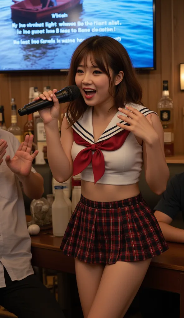 (  nothing ), (8k), ( very well detailed), (cowboy shot), (  Beautiful Eyes with Attention to Details ), (  top quality ), (  masterpiece),, ((  Japanese high school girl sitting at the karaoke snack counter and singing a song: 1.8)), (Izakaya with a relax...