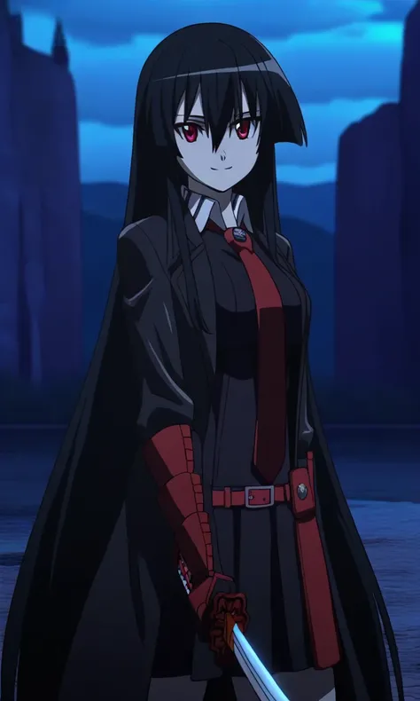 masterpiece, best quality, high resolution, absurdres, 1girl, akame, red_eyes, black_hair, very_long_hair, hair_between_eyes, medium_breasts, black_shirt, collared_shirt, pleated_skirt, black_skirt, red_belt, red_necktie, vambraces, elbow_gloves, black_glo...