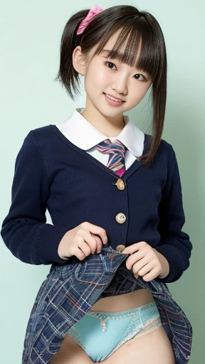 Ultra High Definition, ((skirt lift,skirtlift)),((ultra detailed panties)),It's high definition , ponytail hairstyle, best quality, smile、school uniform, ((Transcendental cute *********************))、 ((Super cute face))、Panties with only strings、Aoi Yuki