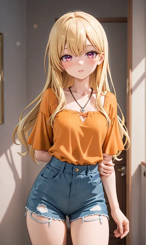 Create an anime girl, Image of a woman with golden blonde hair,  with soft waves that fall down to the middle of your back,  Her eyes are a deep pink shade ,  with a warm glow , Her features are fine and harmonious : pronounced, slender chest, low cheekbon...