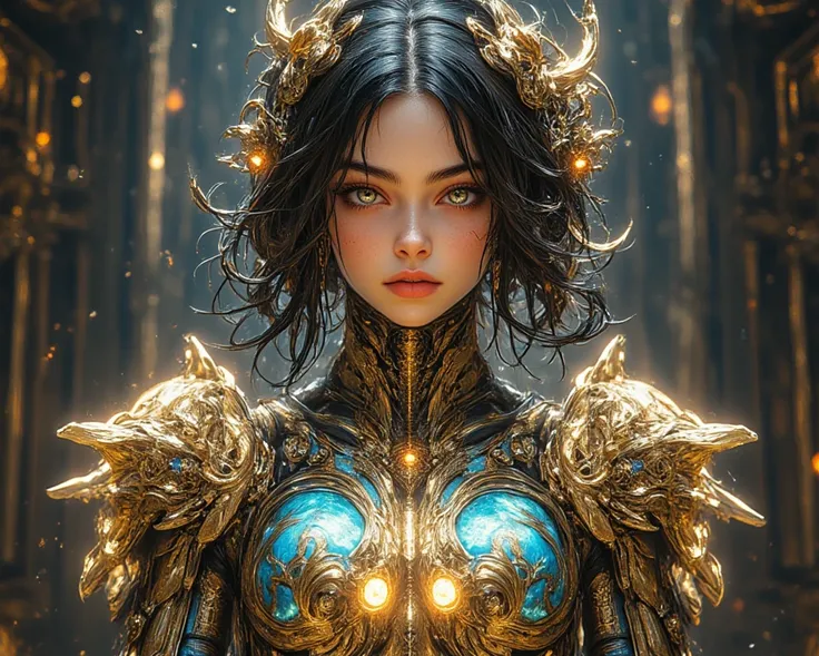 Create a stunning image of a beautiful girl with an extra long mechanical body, intricate gears and cogs interwoven within her mechanical limbs, painted in vivid, iridescent hues of gold and bronze, blending seamlessly with the glowing mechanical veins tha...