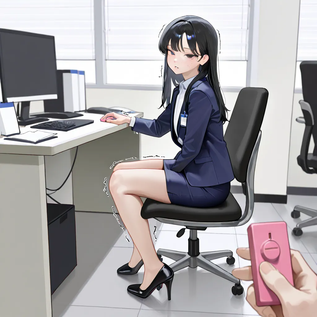 masterpiece, best quality, amazing quality, very aesthetic, absurdres, newest, {POV hand with remote control}, 1girl, young korean woman, slim, early 20s, office environment, navy blue blazer, white collared blouse, shoulder-length hair, professional styli...