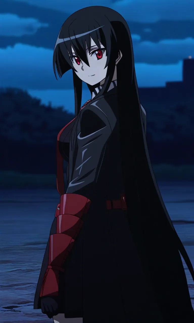 masterpiece, best quality, high resolution, absurdres, 1girl, akame, red_eyes, black_hair, very_long_hair, hair_between_eyes, medium_breasts, black_shirt, collared_shirt, pleated_skirt, black_skirt, red_belt, red_necktie, vambraces, elbow_gloves, black_glo...