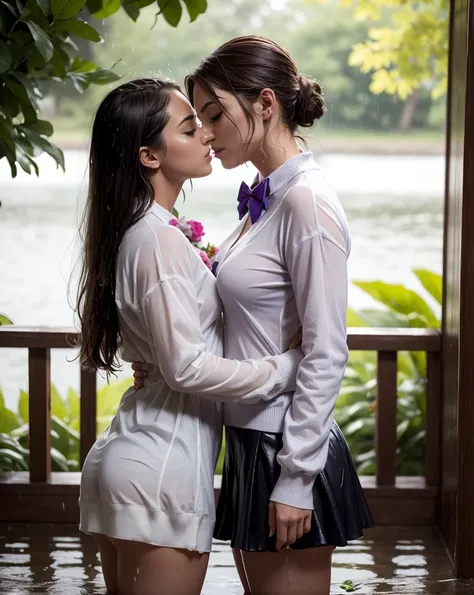 Two women soaked in rain, bodies pressed together, ((lips touching)), romantic, lively, in water up to their chests, masterpiece, best quality, highres, hmsl1, hair flower, x hair ornament, white sweater, purple jacket, flower, long sleeves, open clothes, ...