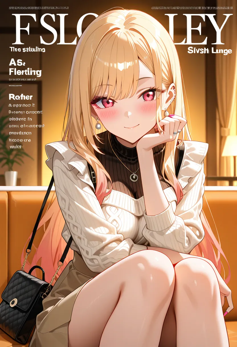 Marin Kitagawa, sitting at a stylish lounge café, casually flipping through a fashion magazine, resting one arm on her knee while the other turns the page, looking at the magazine with a neutral, thoughtful expression, long sleek blonde hair softly framing...