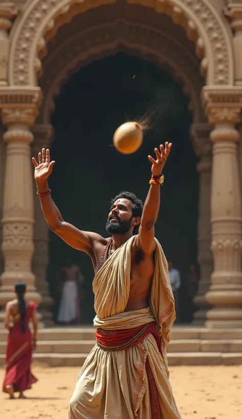 "Create a realistic image of an ancient-era man throwing a coconut at the entrance of a temple. The man should be dressed in traditional Indian attire, resembling the historical period, with a determined expression. The temple entrance should have intricat...