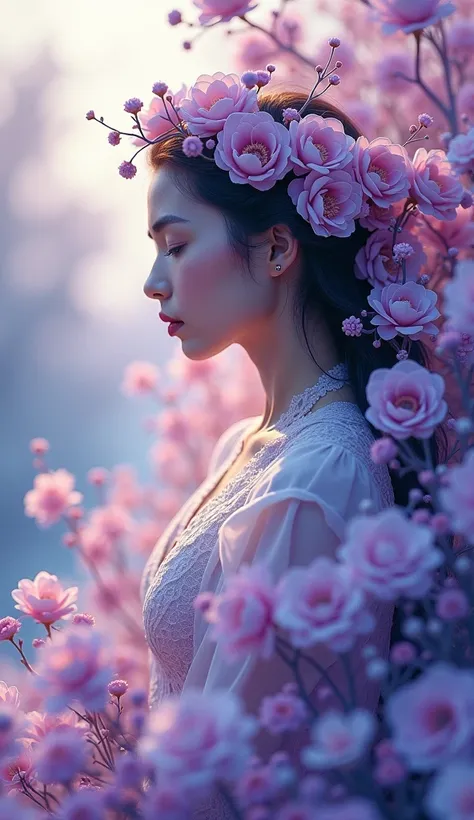 beautiful ethereal central asian woman fading into flowers, becoming one with the flowers around her, swirls, magical, kaleidoscopic, fractals, soft pastel purple and blue colors