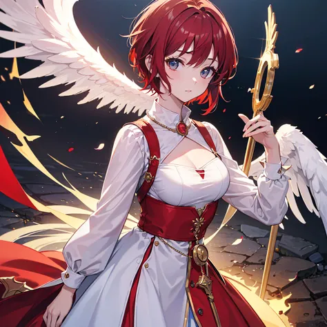 (( Masterpiece,  top quality,  Max Image Quality,  high res,  photorealistic, 8k))，The most beautiful in heaven， beautiful girl with short red hair，Angel， Viewer，(( dress))， focus on the chest ，