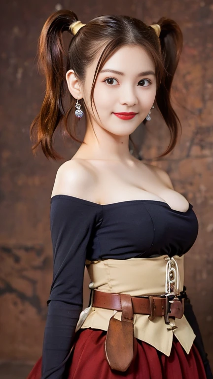  cleavage、 dress、 earrings、 jewelry、 off shoulder 、 off shoulder  dress、パープル shirt、 shirt、 strapless、 strapless dress、 corsets， twin tails，jessica albert　 cosplay，Take a full-body photo， top quality， Max Image Quality， highest resolution、， red long skirt， ...