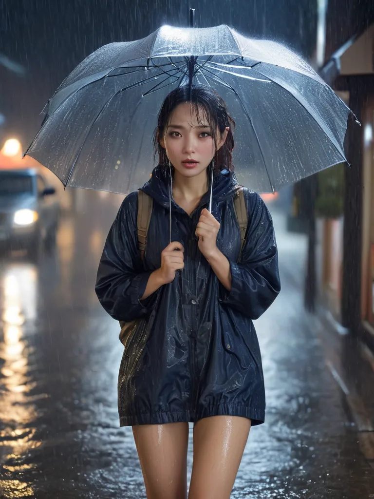 A beautiful woman gets completely soaked in a sudden downpour at night、no umbrella、Detailed facial expressions、Wet thighs、Full Body Portrait