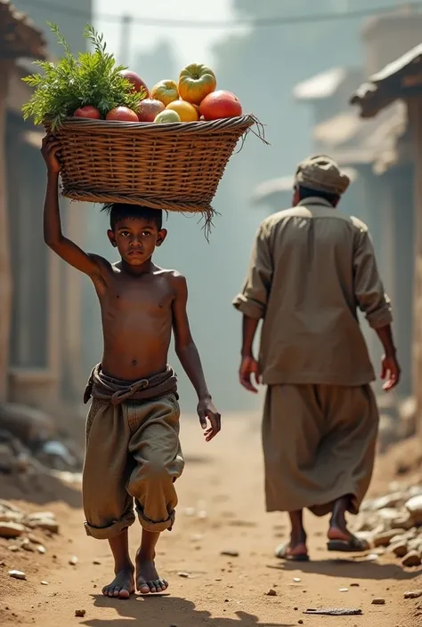 A struggling young boy carrying a basket on his head and the basket contains some perishable goods and this young boy looks tattered and there's an older man trying to stop him to buy from him and the older man is actually driving 