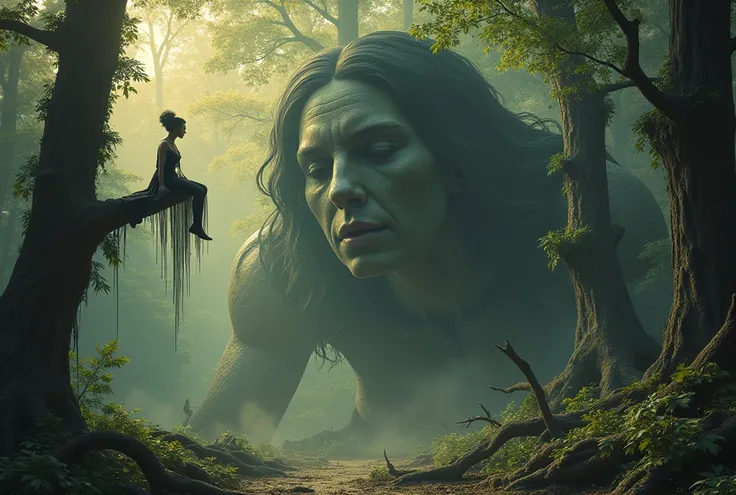 Mysterious Forest 100 meter tall stone female Giant break trees by hands in behind and a slender woman in Gothic style sit on high tree branch, detailed face and eyes, long wavy dark hair, pale skin, full lips, high cheekbones, ornate Gothic slim cutting d...