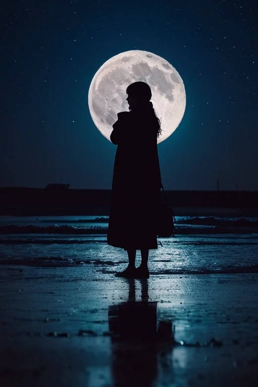  top quality,Big moon and shadow,A silhouette of a person can be seen against the backdrop of a large moon.,There is one full moon,There is a mood, beautiful scenery, starry sky 