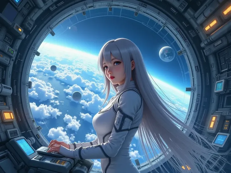 a masterpiece ,Space and astronauts, silver long hair, blue eyes , a female astronaut working Inside the spacecraft,she wearing futuristic suit, futuristic high tech space station, behind her are huge window show planet earth nearby, full of futuristic tec...