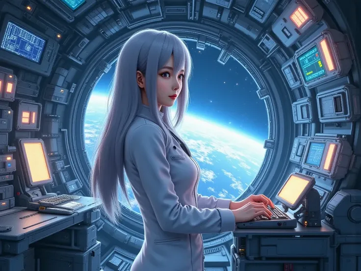 a masterpiece ,Space and astronauts, silver long hair, blue eyes , a female astronaut working Inside the spacecraft,she wearing futuristic suit, futuristic high tech space station, behind her are huge window show planet earth nearby, full of futuristic tec...