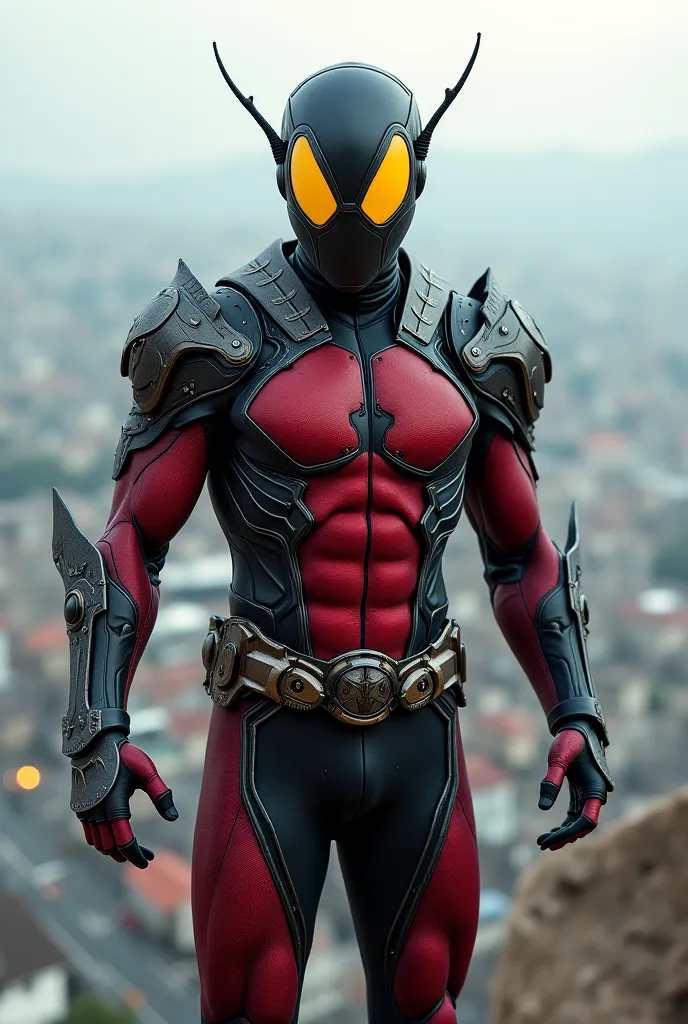  Ultra HD， realistic style， man，Beetle-like tights，Helmet with yellow eyes，Metallic Armor ， Organic Wing-Shaped Belt，Extruding metallic texture on the back， Correct anatomy ，Red and black weave，flight，A city in the air，real texture