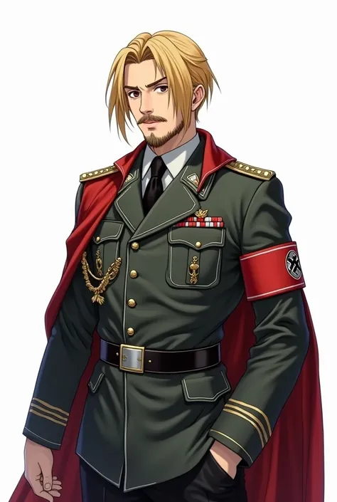 Serious Anime style, bege uniform, fit blonde german soldier with beard and with bege uniform in castlevania style, world war 2, white background, in the style of berserk and claymore animes, adolf hitler, dictator, stuckism, hearts of iron