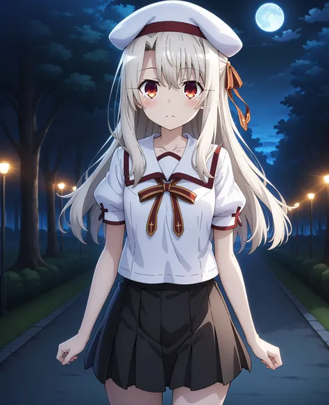 fate/kaleid liner prisma illya, aaillya, long hair, blonde hair, beret, white headwear, red eyes, school uniform, collarbone, neck ribbon, white shirt, puffy short sleeves, pleated skirt, black skirt,

 (outdoors, in the park, grasses, trees, lights, mid n...