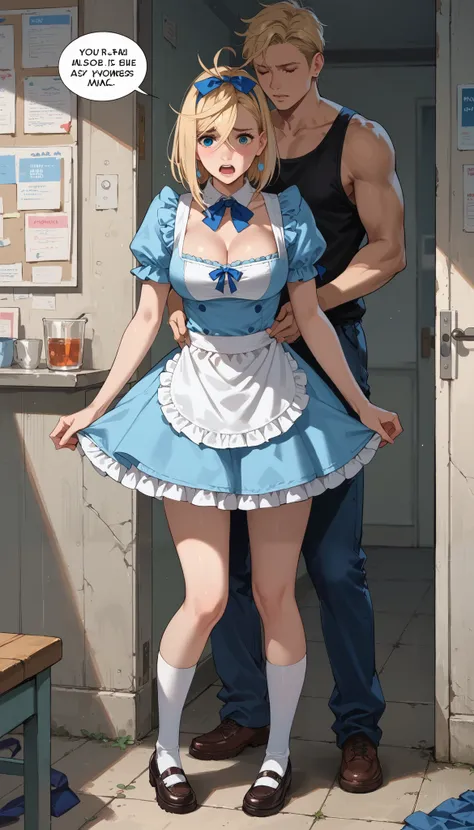 rape, Momo Ayase, 18 years old, like Alice in Wonderland,, She is standing, blue ribbon on her head, blonde hair, blue dress with white apron, MEDIUM SIZE BREASTS, white socks, cleavage, loud onomatopoeic speech, bright sunny day, full length front view