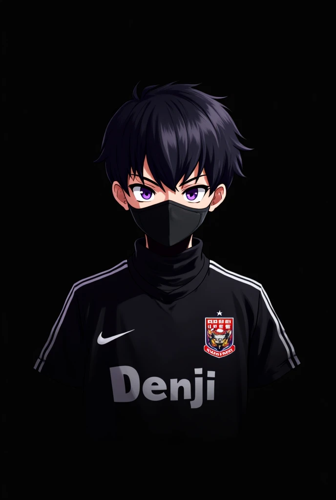 A anime young boy wearing a black mask and black jursy should have the name denji written on it black background for free fire game profile picture bla